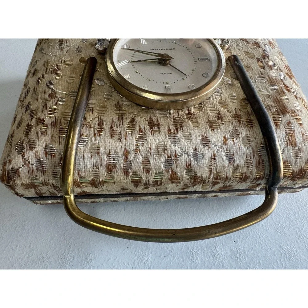 Vtg Phinney-Walker German Rhinestone Purse Jewelry Box Working Alarm Clock TubX